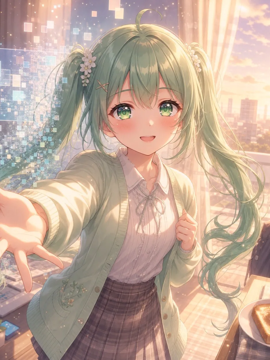 「画面の向こうの朝」のジャケット。朝の光の中で、こちらに手を伸ばす女の子