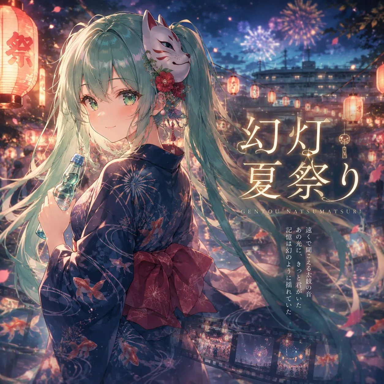 「幻灯夏祭り」のジャケット。花火と提灯の夜の町で、狐のお面をつけて振り返る浴衣の女の子