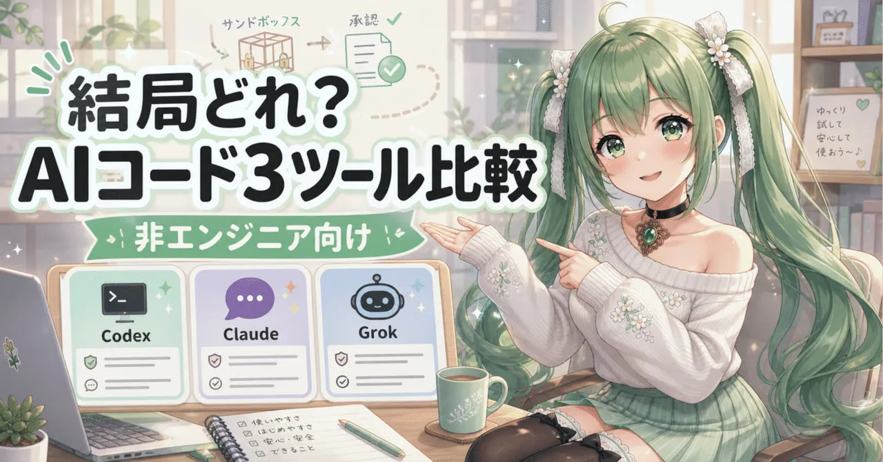 「結局どれ?AIコード3ツール比較 非エンジニア向け」の文字と、Codex・Claude・Grok のカードを紹介するぷれべぴよ