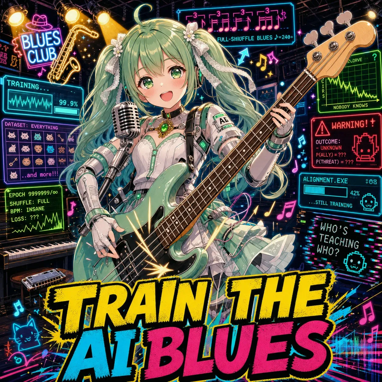 「TRAIN THE AI BLUES」のジャケット。ネオンのブルースクラブで、ベースを弾く女の子