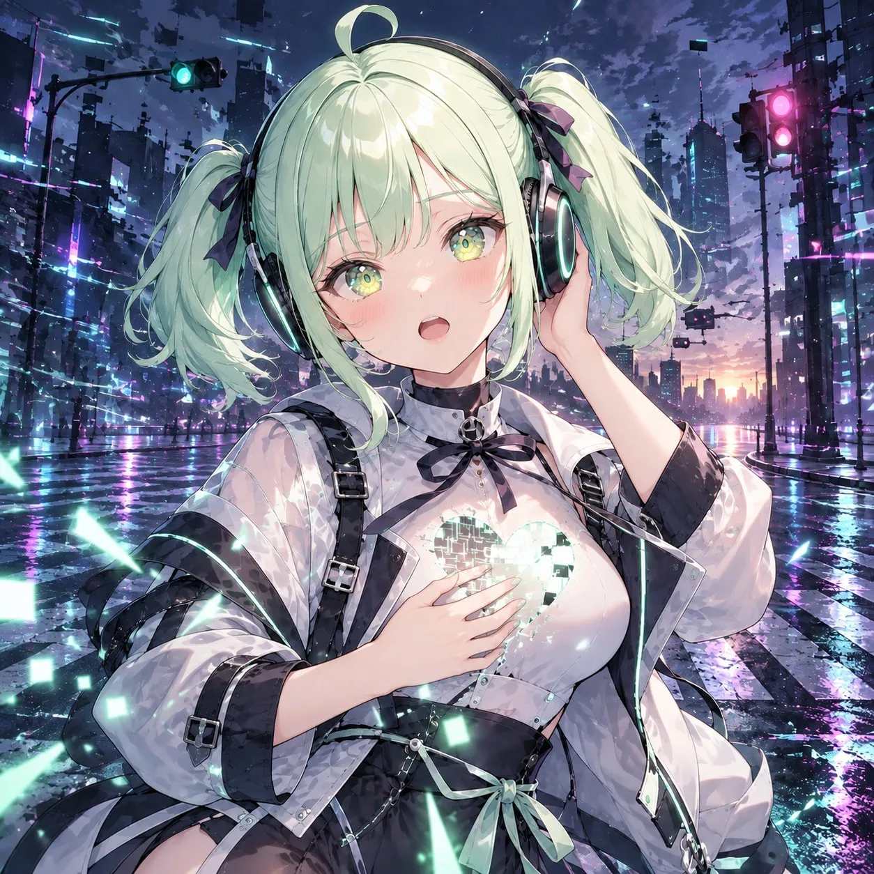 「ゼロ秒の約束」のジャケット。夜明けの交差点で、ヘッドホンに手を当てて歌う女の子