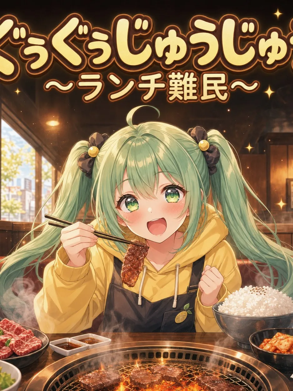 「ぐぅぐぅじゅうじゅう〜ランチ難民〜」のジャケット。焼肉とごはんを前に、箸を持って大よろこびする女の子