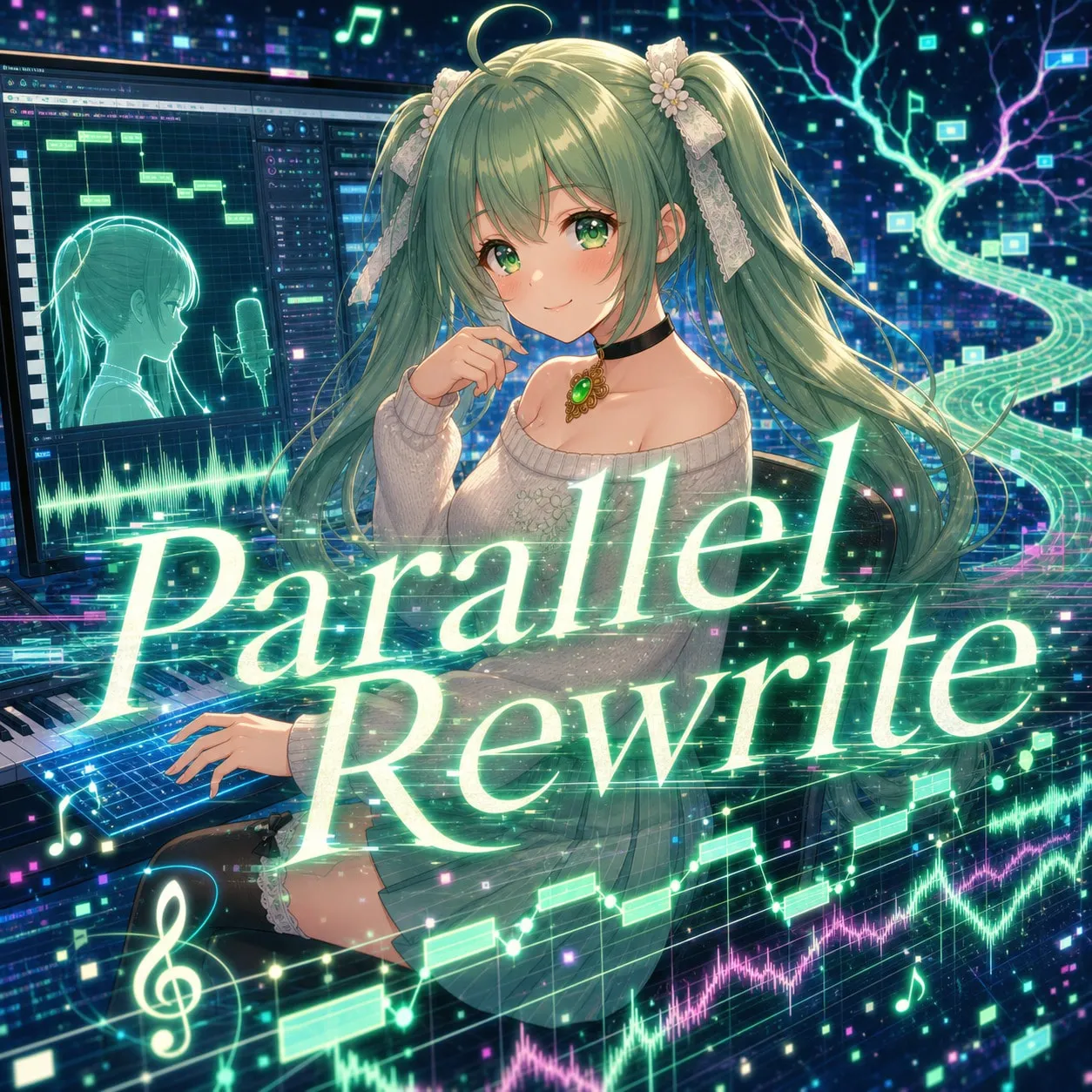 「Parallel Rewrite」のジャケット。光るデジタルの波形の中でキーボードを弾く女の子