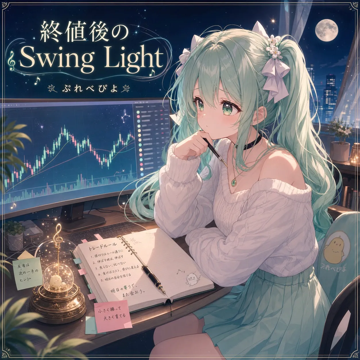 「終値後のSwing Light」のジャケット。夜の部屋で、チャートの映るモニターの前でノートを書く女の子