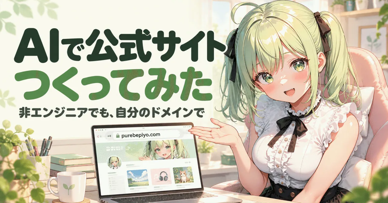 「AIで公式サイトつくってみた」の文字と、purebepiyo.com を開いたノートPCを紹介するぷれべぴよ