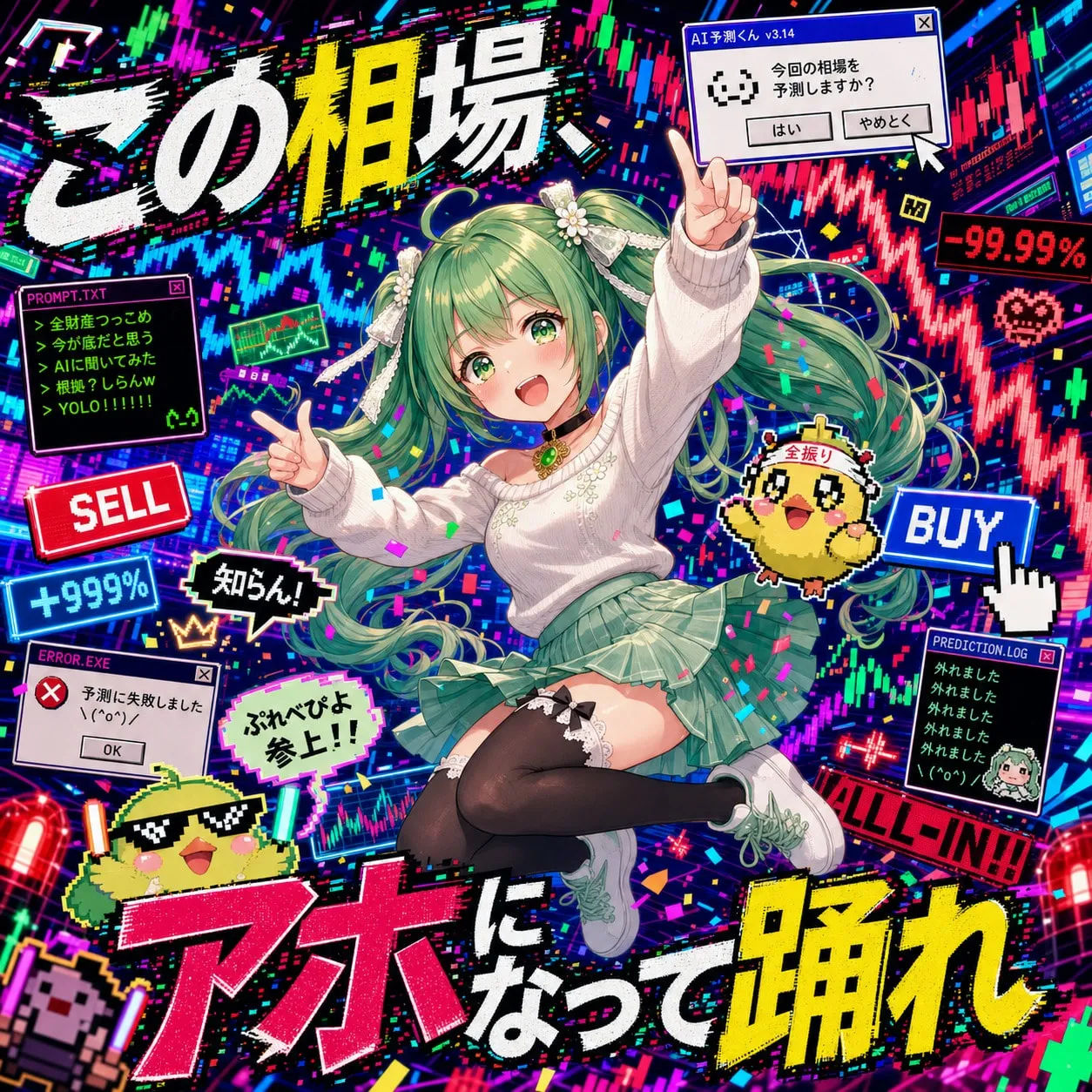 「この相場、アホになって踊れ」のジャケット。SELL と BUY のボタンが飛び交う画面の中で、ピースして跳ねる女の子