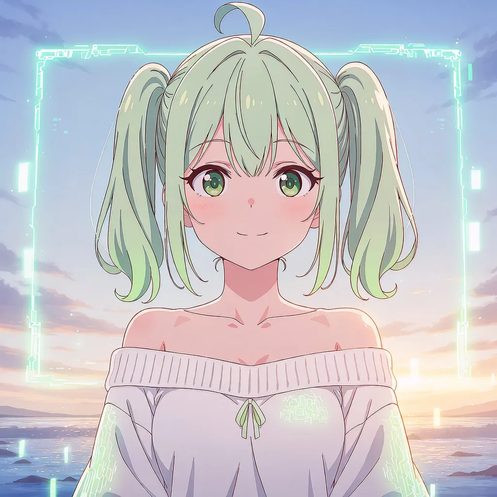 「オールグリーン」のジャケット。夕焼けの海を背に、光るデジタルの枠の中でほほえむ女の子
