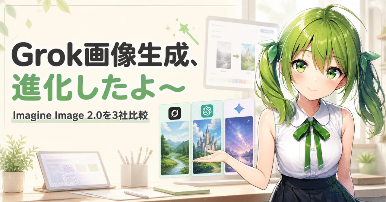 「Grok画像生成、進化したよ〜 Imagine Image 2.0を3社比較」の文字と、3枚の風景画を紹介する女の子のイラスト