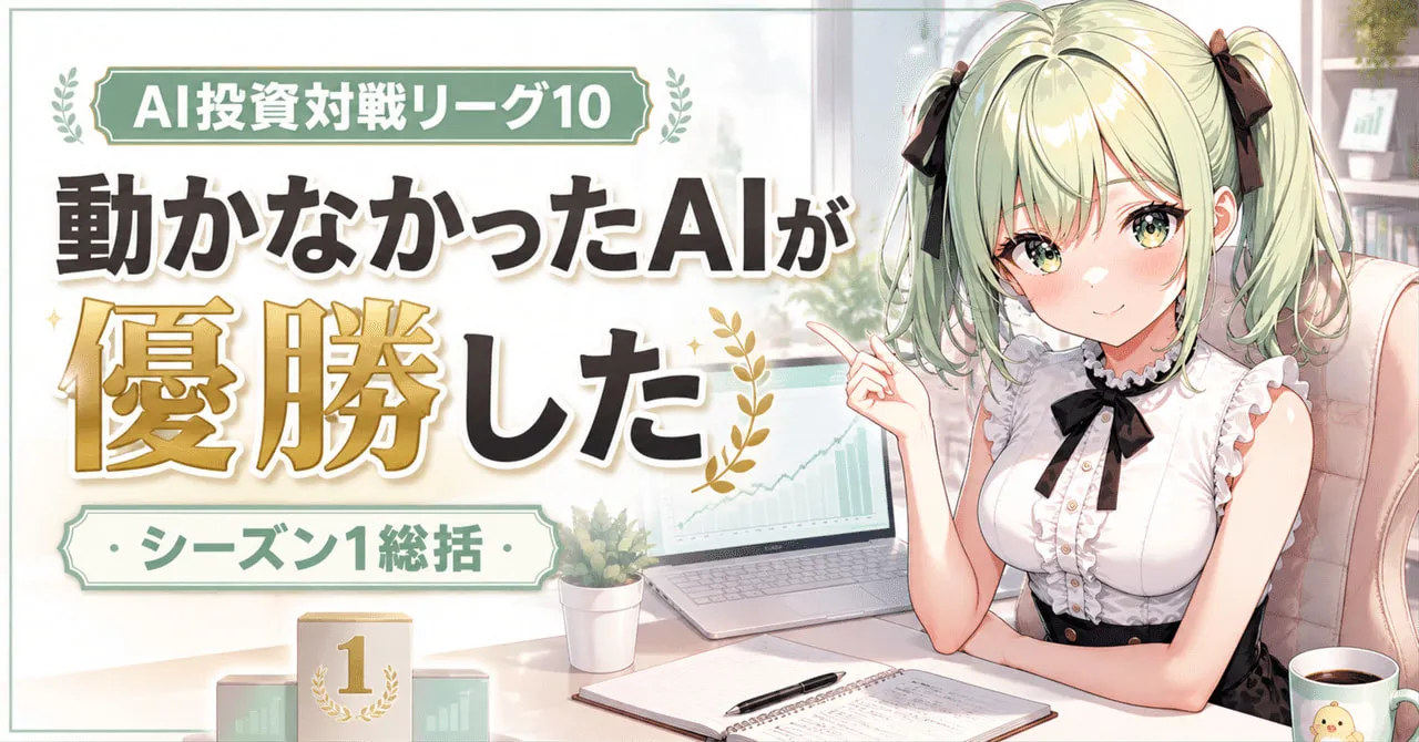 「AI投資対戦リーグ10 動かなかったAIが優勝した シーズン1総括」の文字と、ノートPCの横で指をさすぷれべぴよ