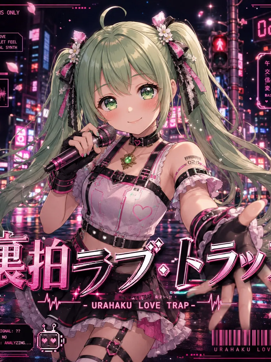 「裏拍ラブ・トラップ」のジャケット。ネオンの街で、マイクを持ってこちらに手を伸ばすアイドル衣装の女の子